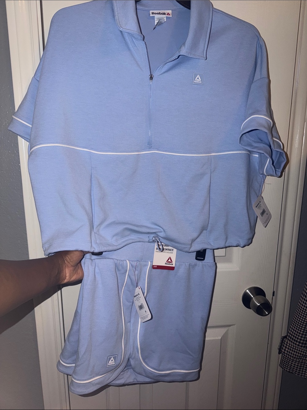 Reebok Light Blue Polo Zip Short Pajama Set with White Piping